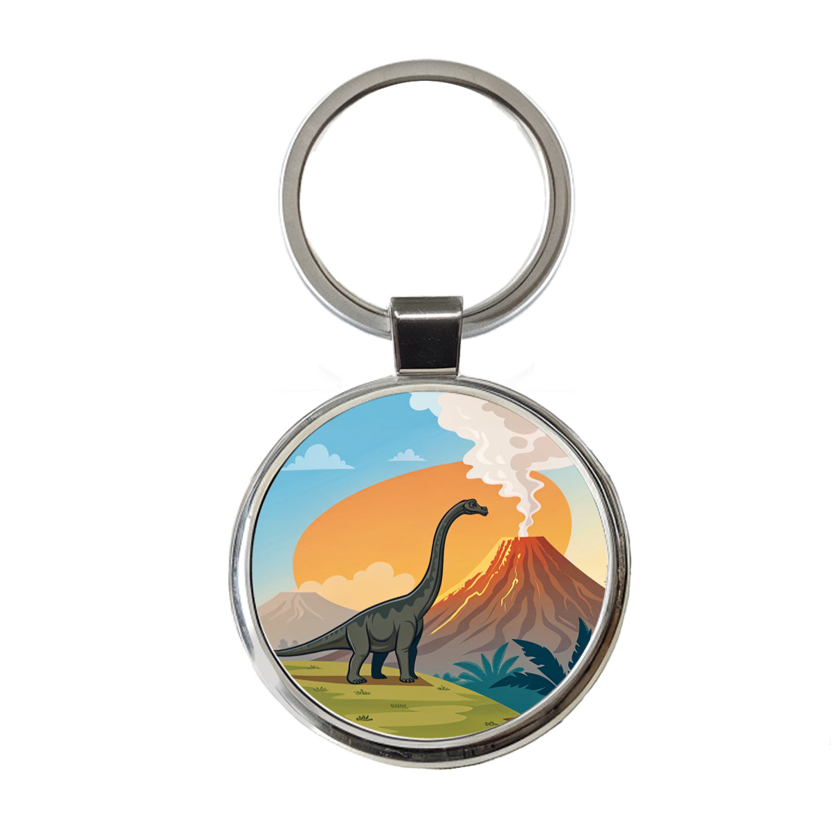 Brachiosaurus Volcano Colorful Dinosaur Round Metal Keychain