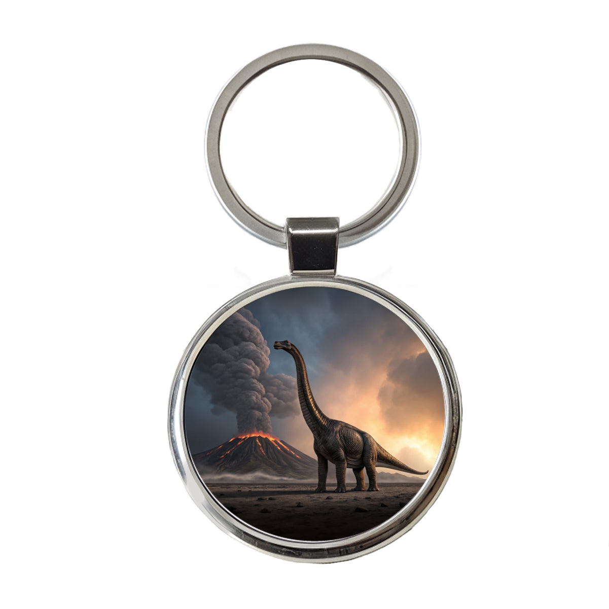 Brachiosaurus Volcano Stark Dinosaur Round Metal Keychain