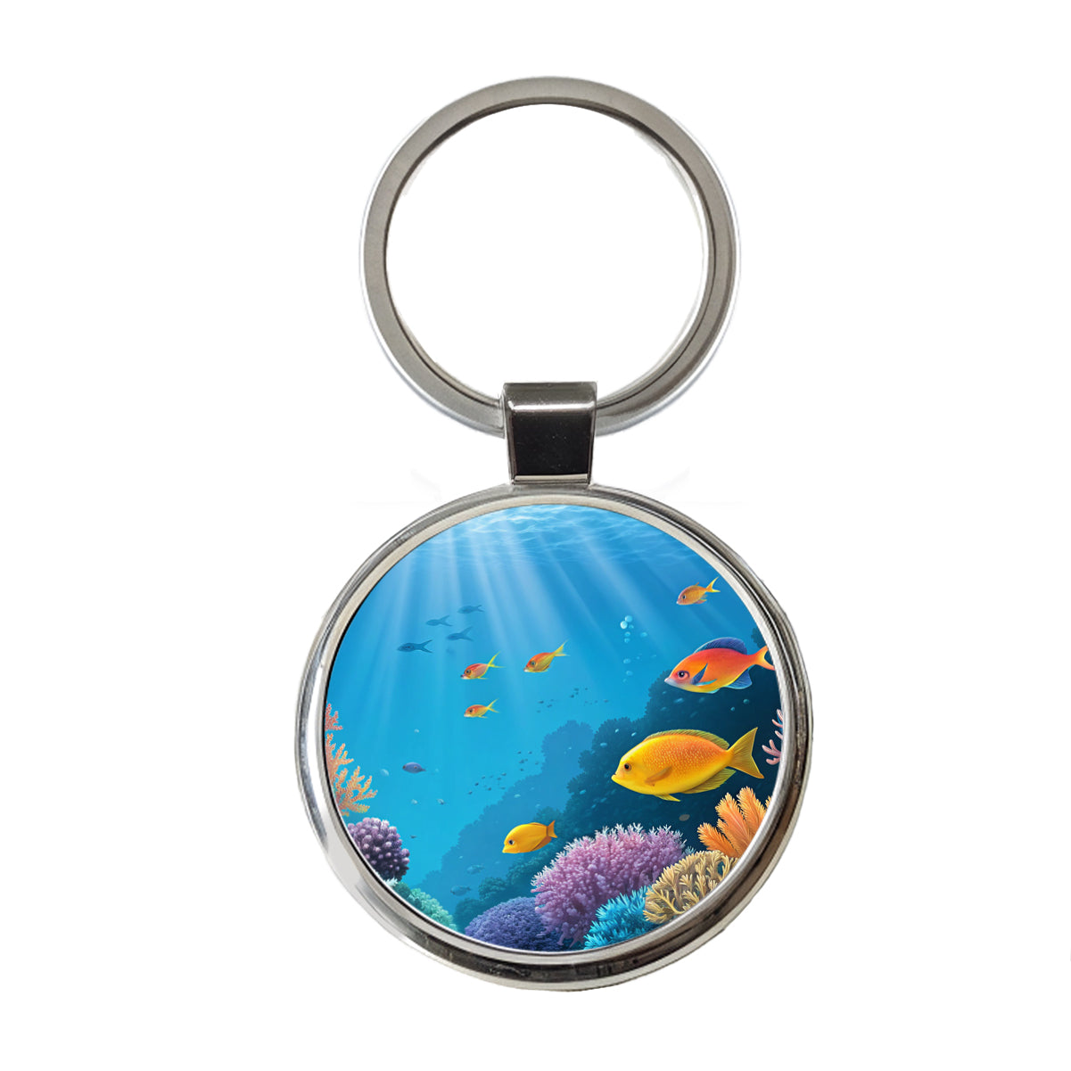 Bright Colorful Fish Coral Light Rays Tropical Ocean Round Metal Keychain