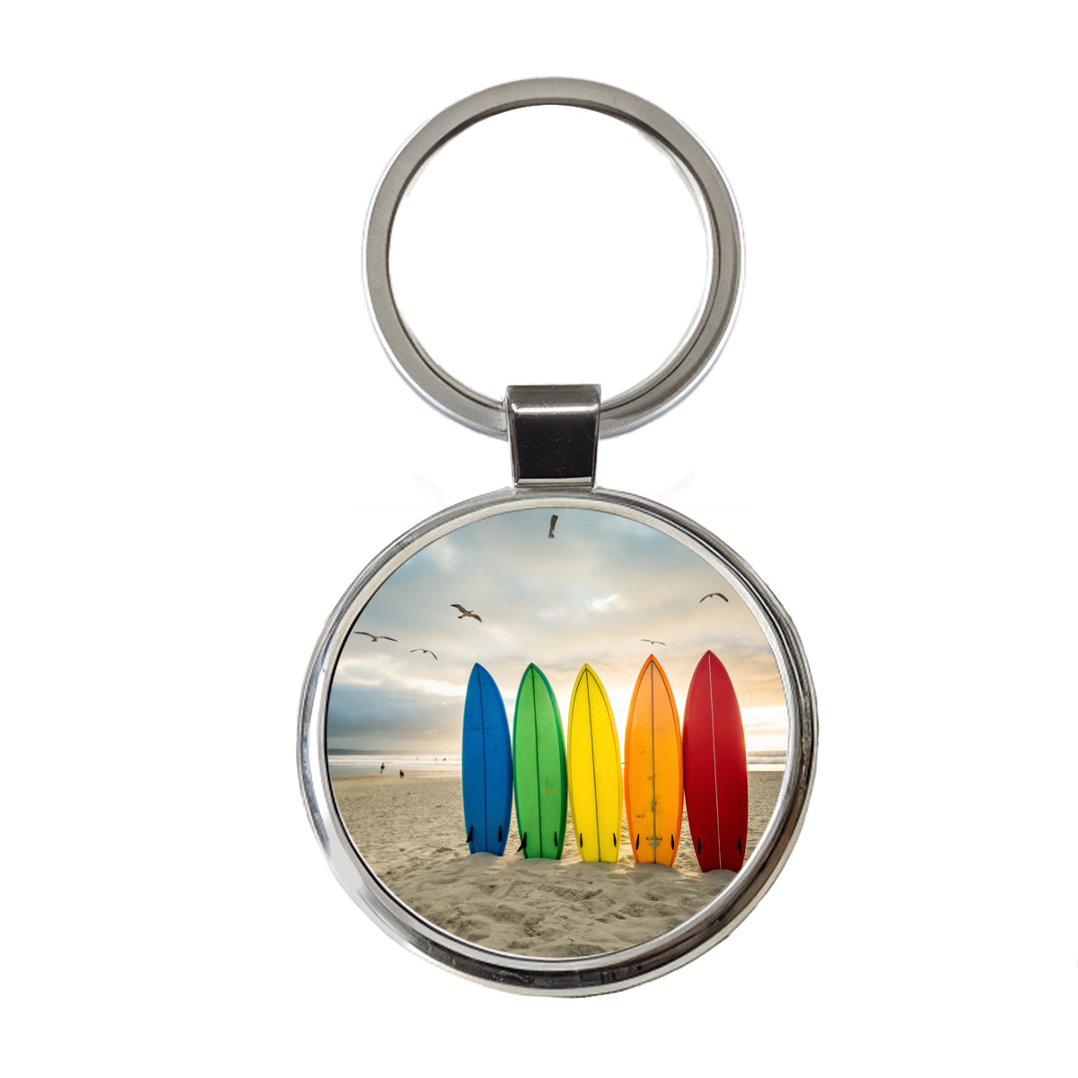 Brightly Colored Surfboards In The Sand Beach Ocean Round Metal Keychain