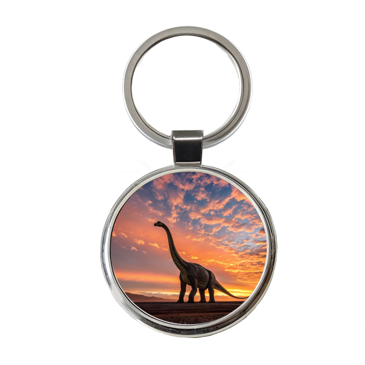 Brontosaurus Sunset Dinosaur Round Metal Keychain