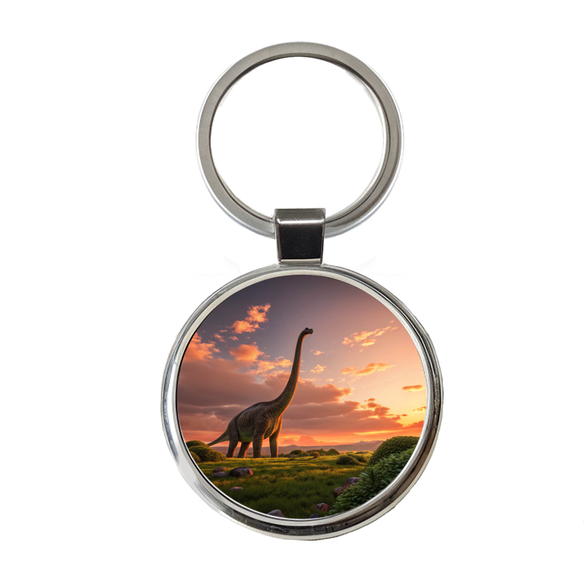 Brontosaurus Sunset Night Dinosaur Round Metal Keychain