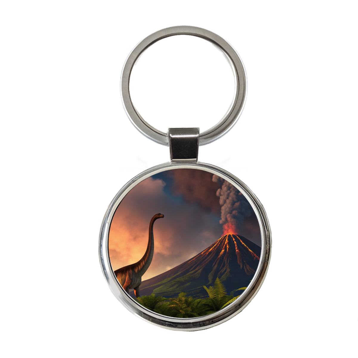 Brontosaurus Volcano Erupting Dinosaur Round Metal Keychain
