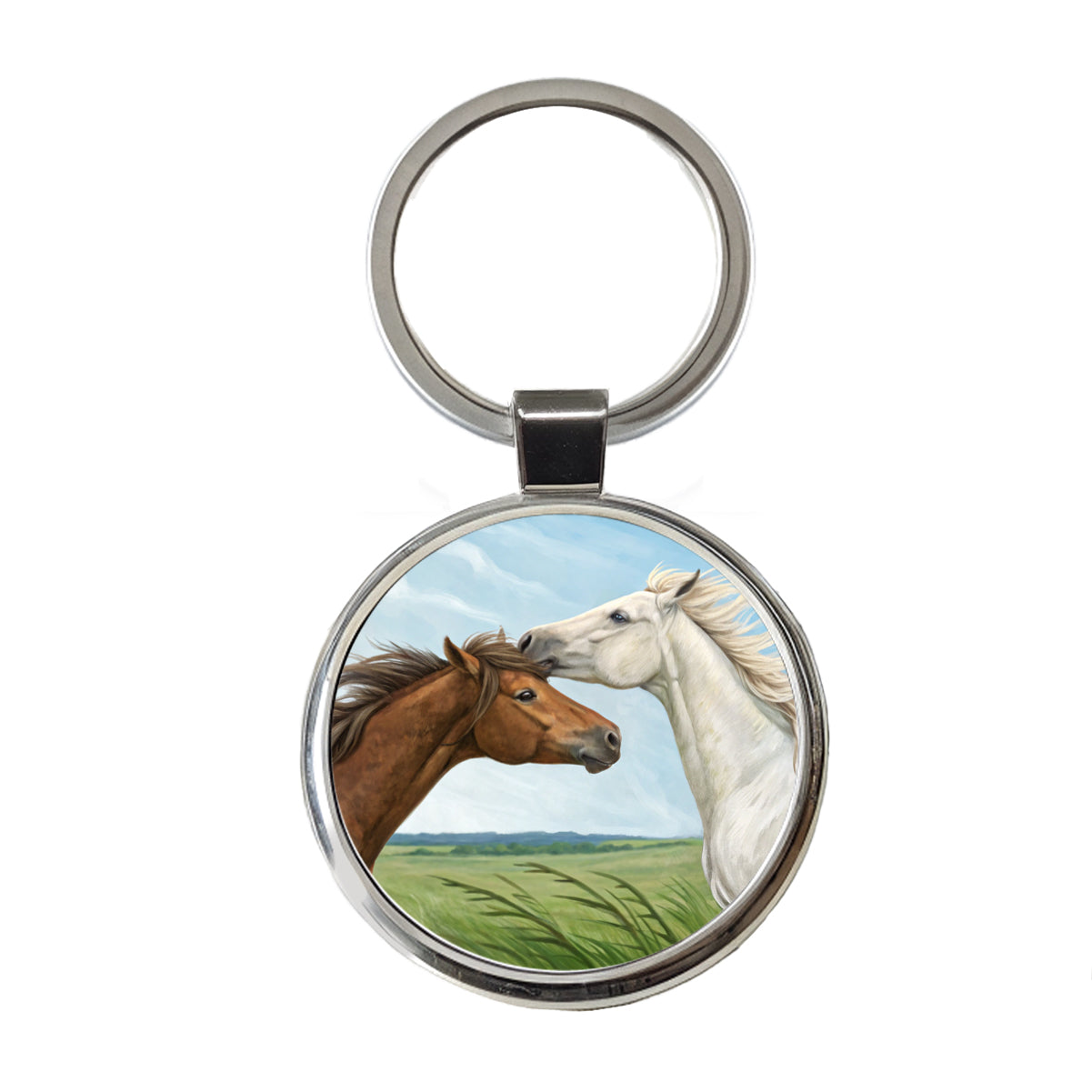 Brown White Horses Love Round Metal Keychain