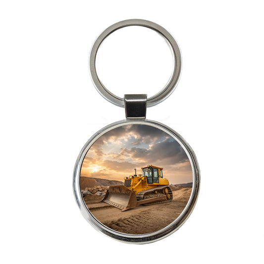Bulldozer In Dirt Round Metal Keychain