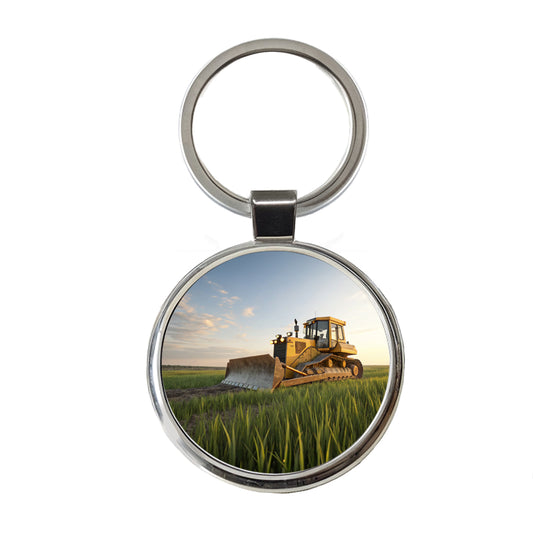 Bulldozer In Grass Field Round Metal Keychain