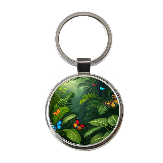 Butterflies In Jungle Colorful Round Metal Keychain