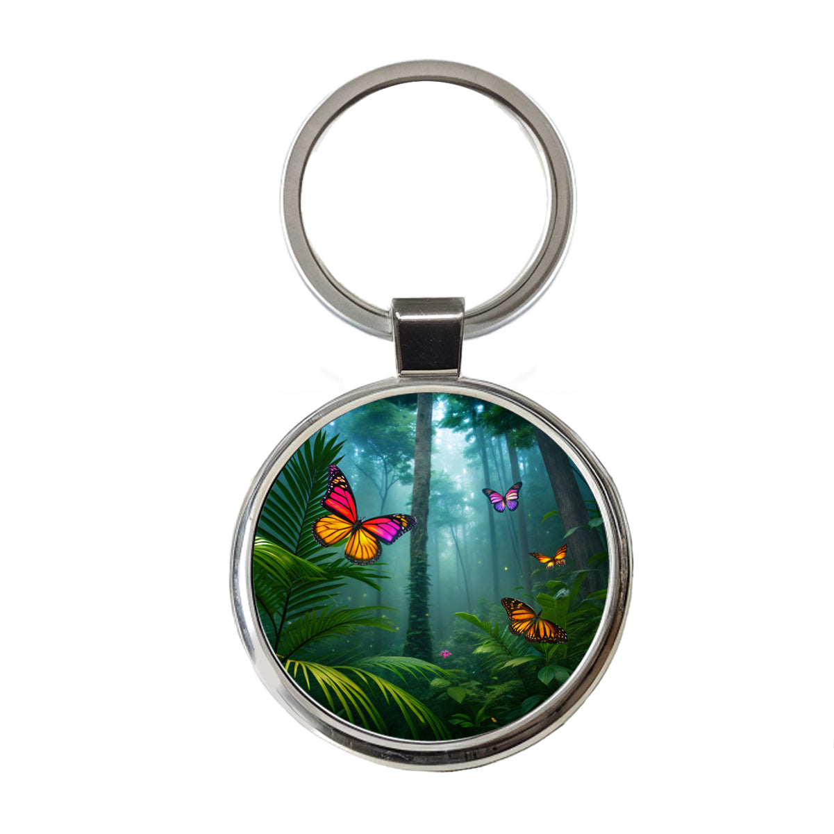 Butterflies In Jungle Forest Round Metal Keychain