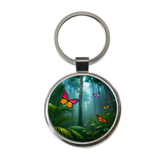 Butterflies In Jungle Forest Round Metal Keychain