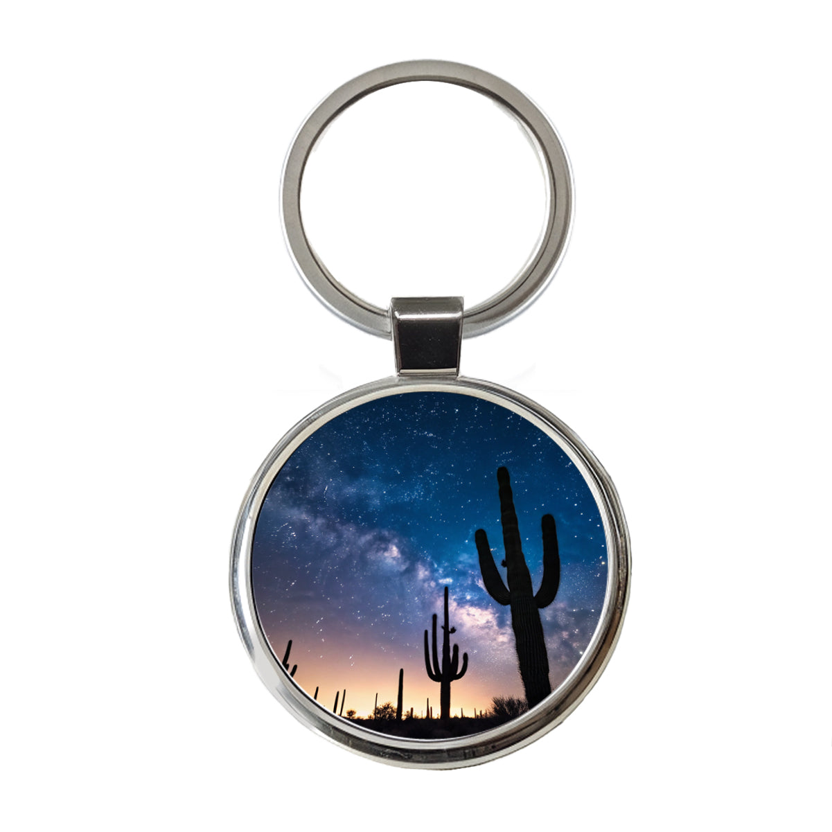 Cactus Silhouettes Starry Sky Night Shadows Round Metal Keychain