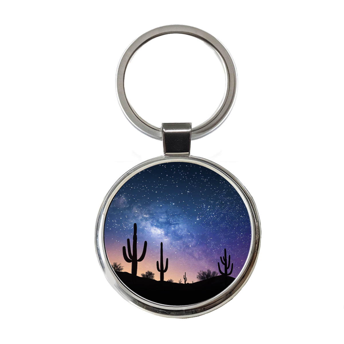 Cactus Silhouettes Starry Sky Silhouettes Shadows Mysterious Round Metal Keychain