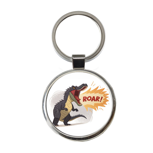 Carnotaurus Roar Bold Text Dinosaur Round Metal Keychain