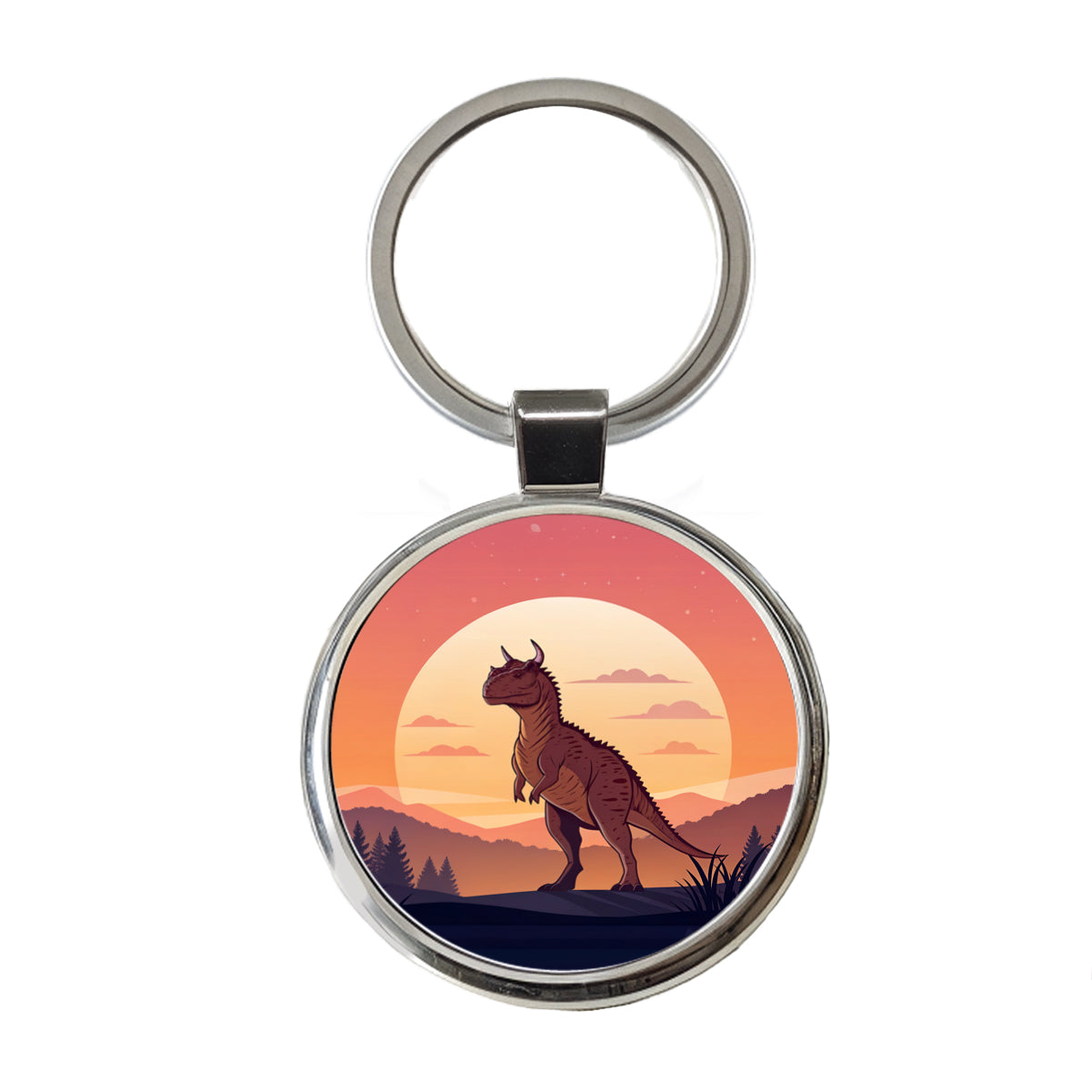Carnotaurus Sunset Dinosaur Round Metal Keychain
