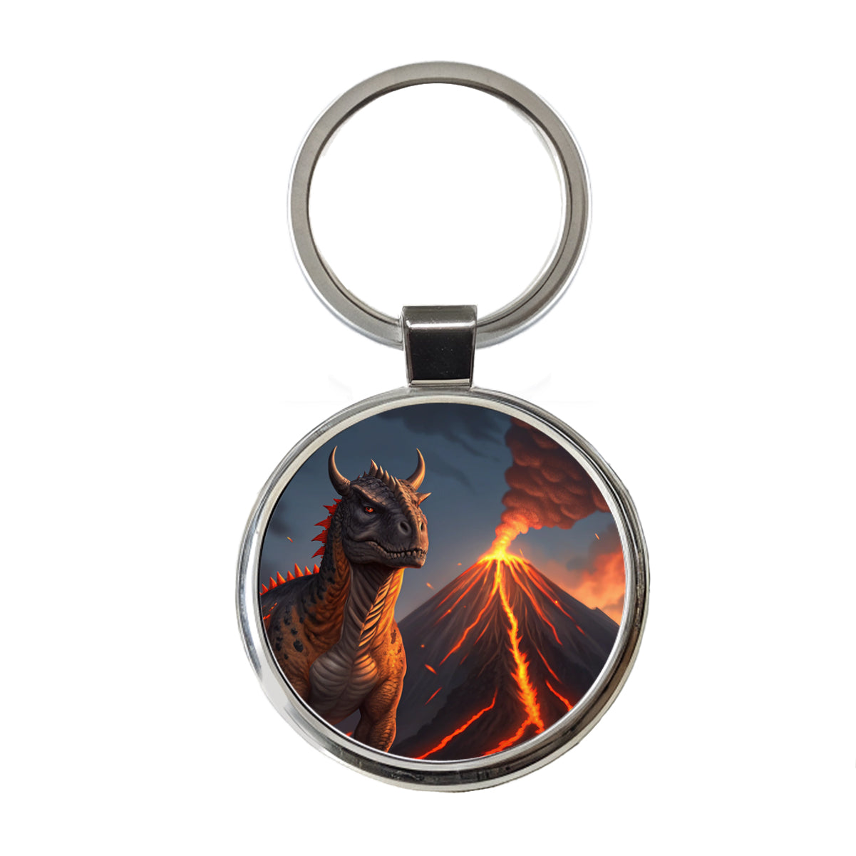Carnotaurus Volcano Dinosaur Round Metal Keychain