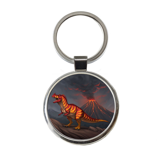 Carnotaurus Volcano Erupting Dinosaur Round Metal Keychain