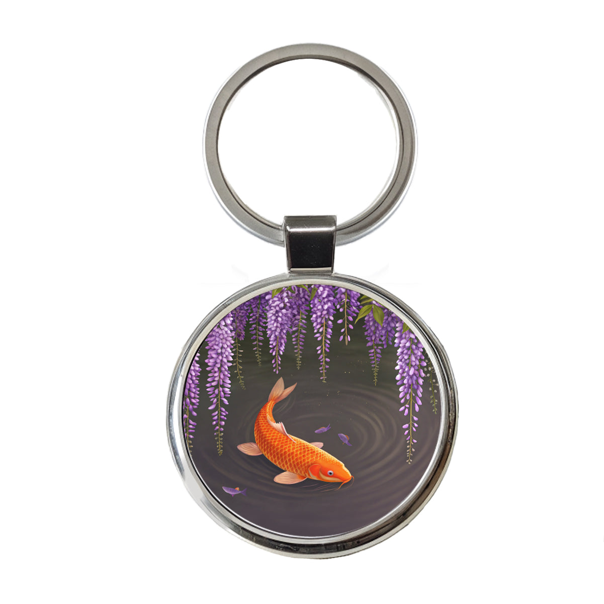 Carp With Wisteria Flowers Pond Round Metal Keychain