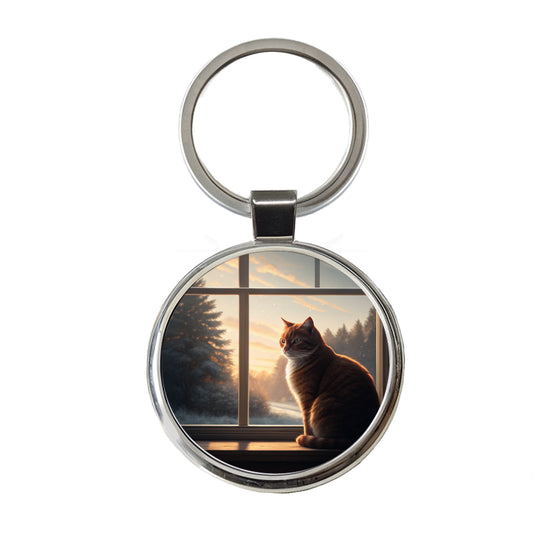 Cat In Window Pretty Round Metal Keychain