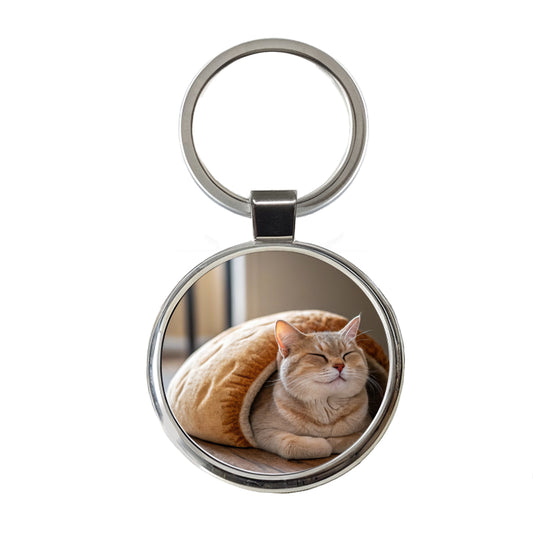 Cat Loaf Cute Round Metal Keychain