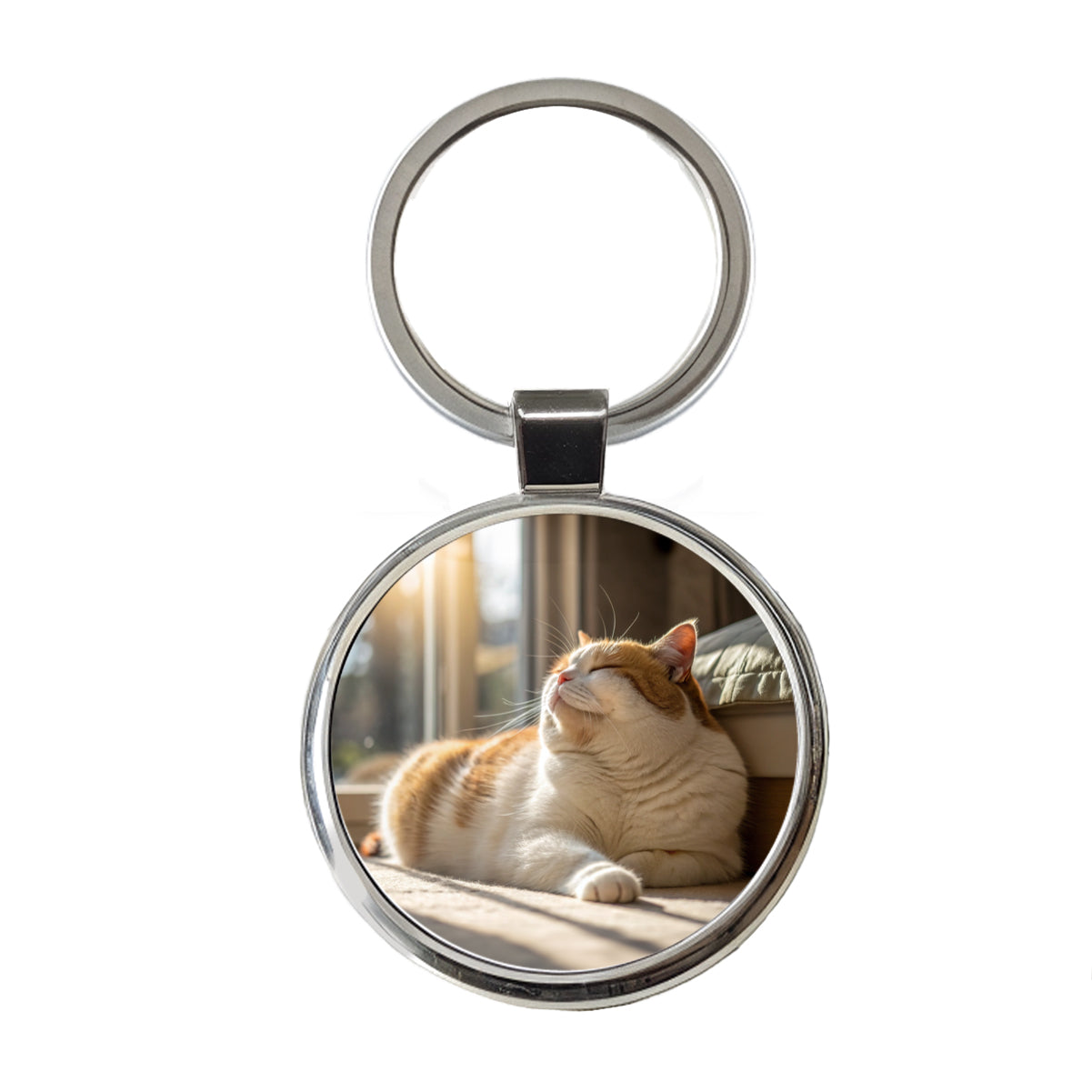 Chubby Cat Lying Down Photo Round Metal Keychain