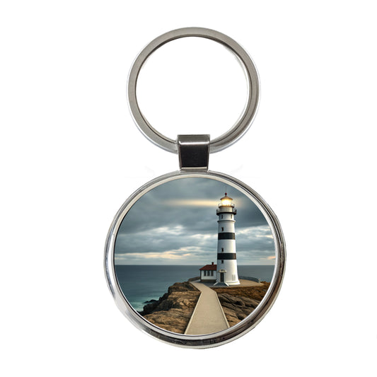 Coastal Lighthouse Ocean Round Metal Keychain
