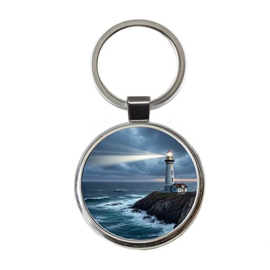 Coastal Lighthouse Rugged Round Metal Keychain