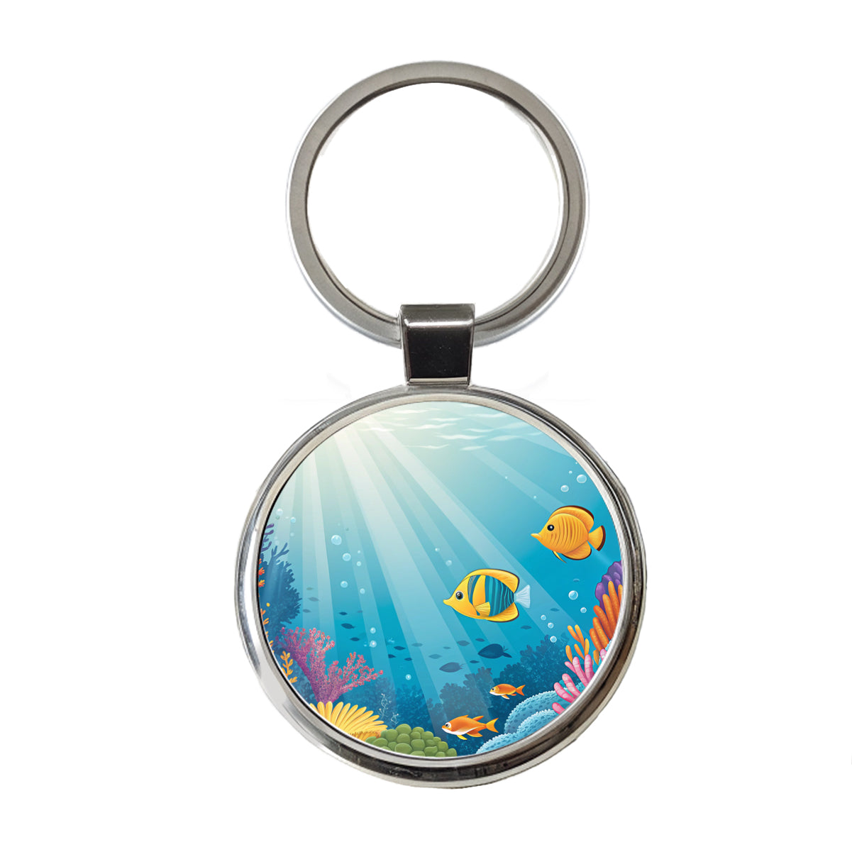 Colorful Fish Coral Light Rays Tropical Ocean Round Metal Keychain