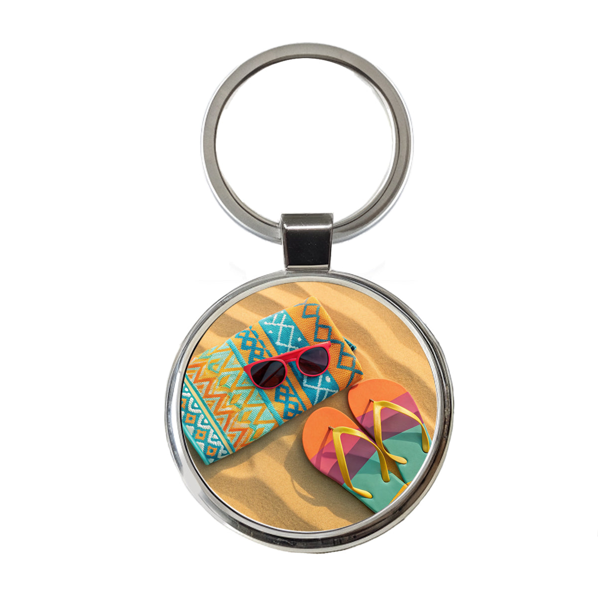 Colorful Sunglasses Flip Flops Towel On Sandy Beach Round Metal Keychain