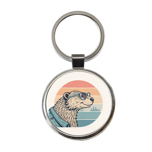 Cool Beaver Wearing Glasses Retro Illustration Round Metal Keychain