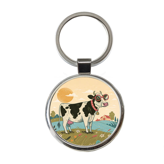 Cool Cow Wearing Sunglasses Retro Illustration Round Metal Keychain