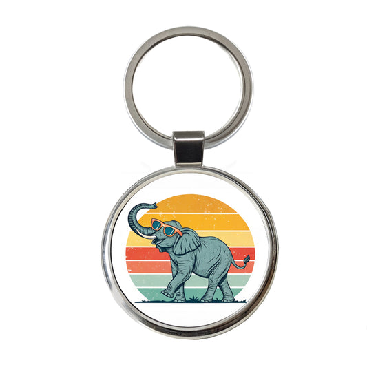 Cool Elephant Wearing Sunglasses Retro Illustration Round Metal Keychain