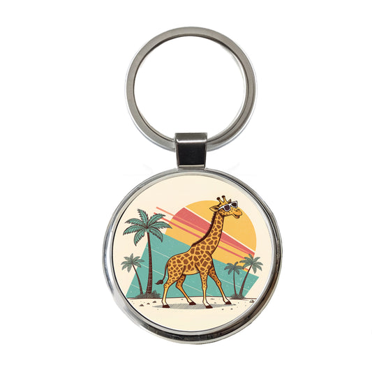 Cool Giraffe Wearing Sunglasses Retro Cute Round Metal Keychain