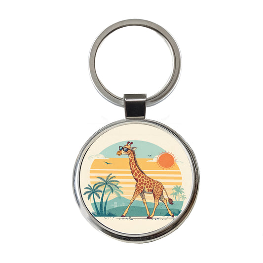 Cool Giraffe Wearing Sunglasses Retro Illustration Sun Round Metal Keychain