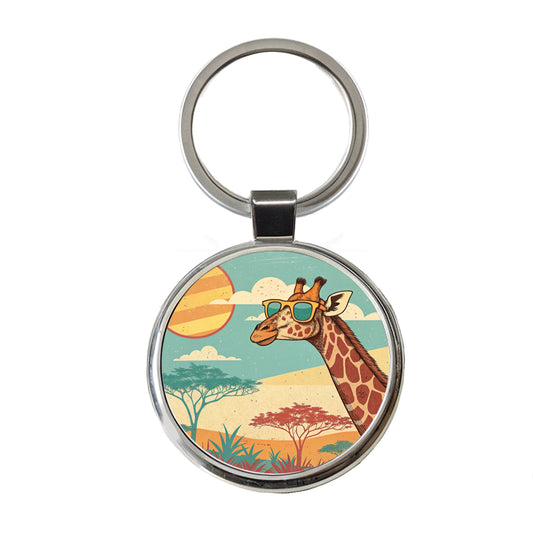 Cool Giraffe Wearing Sunglasses Retro Illustration Round Metal Keychain