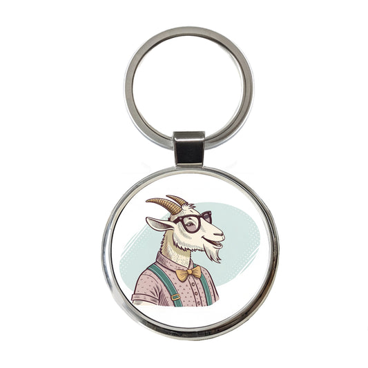 Cool Goat Wearing Glasses Retro Illustration Round Metal Keychain