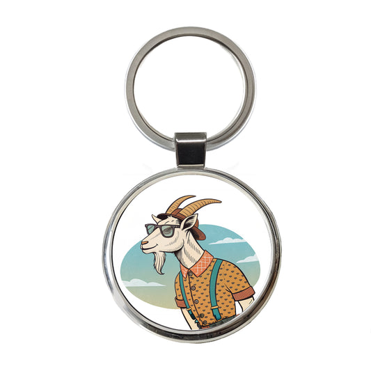 Cool Goat Wearing Sunglasses Retro Illustration Round Metal Keychain