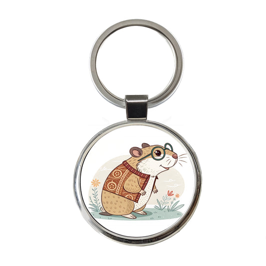 Cool Hamster Wearing Glasses Retro Illustration Cute Round Metal Keychain