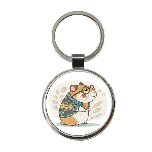 Cool Hamster Wearing Glasses Retro Illustration Round Metal Keychain