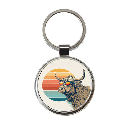 Cool Highland Cow Wearing Sunglasses Retro Illustration Round Metal Keychain