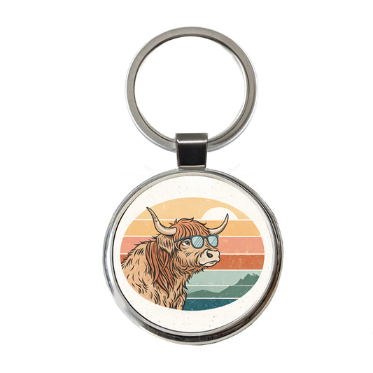 Cool Highland Cow Wearing Sunglasses Retro Round Metal Keychain