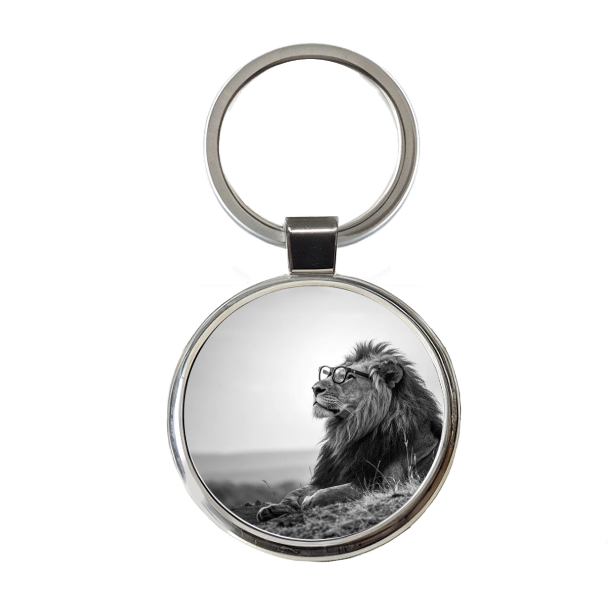 Cool Lion Wearing Glasses Black White Round Metal Keychain