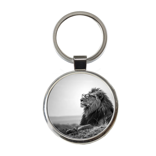 Cool Lion Wearing Glasses Black White Round Metal Keychain