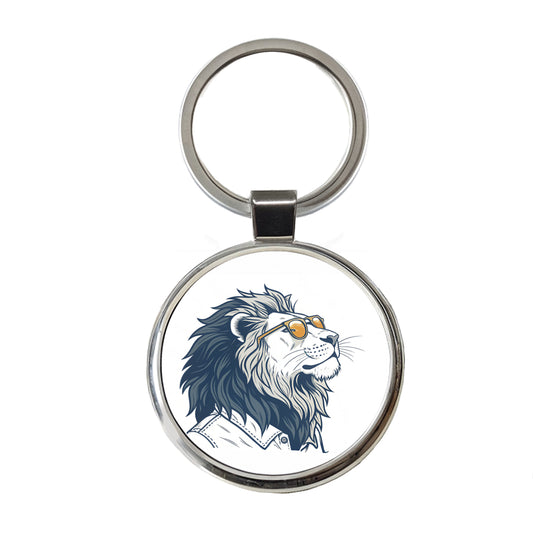 Cool Lion Wearing Glasses Minimalist Illustration Round Metal Keychain