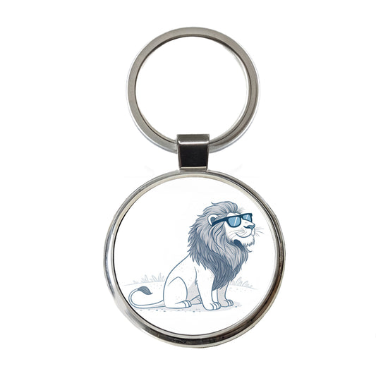 Cool Lion Wearing Sunglasses Minimalist Illustration Round Metal Keychain