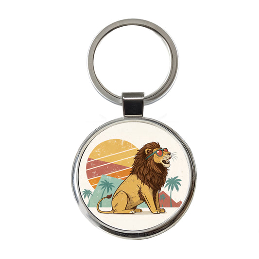 Cool Lion Wearing Sunglasses Retro Illustration Style Round Metal Keychain