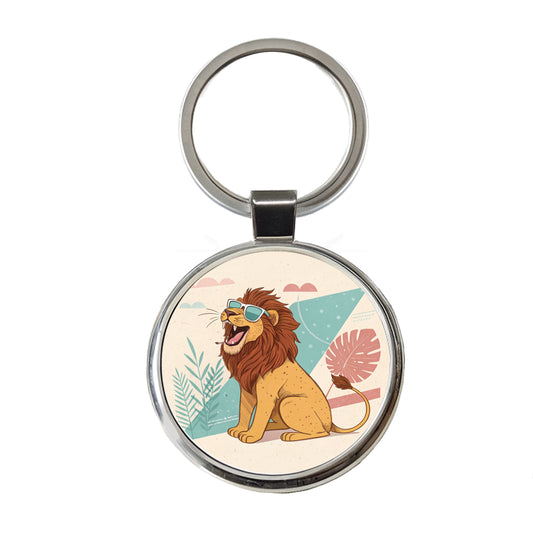 Cool Lion Wearing Sunglasses Retro Illustration Round Metal Keychain