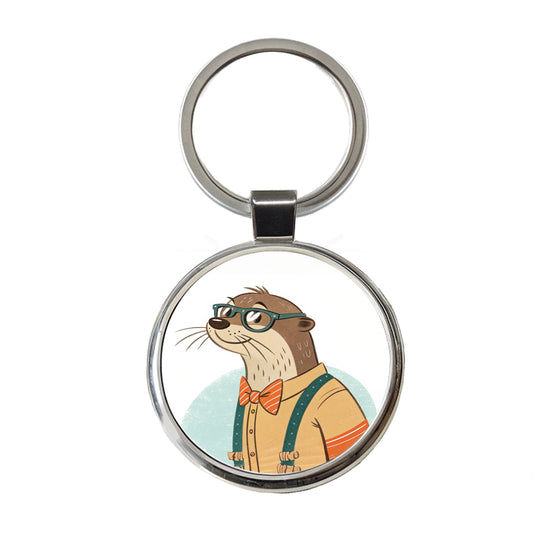 Cool Otter Wearing Glasses Retro Illustration Round Metal Keychain