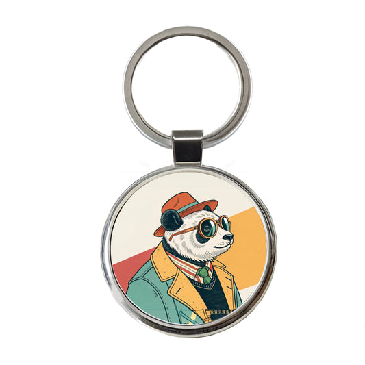 Cool Panda Wearing Glasses Retro Illustration Round Metal Keychain
