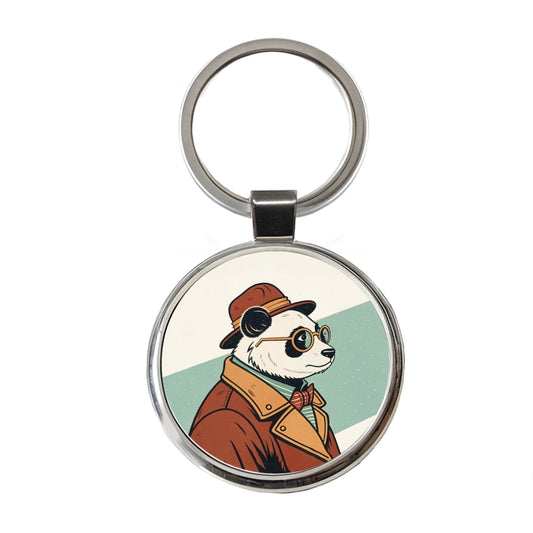 Cool Panda Wearing Glasses Retro Round Metal Keychain