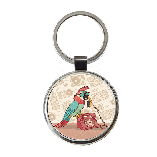 Cool Parrot Wearing Sunglasses Retro Illustration Round Metal Keychain