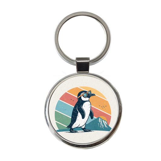 Cool Penguin Wearing Sunglasses Retro Illustration Round Metal Keychain